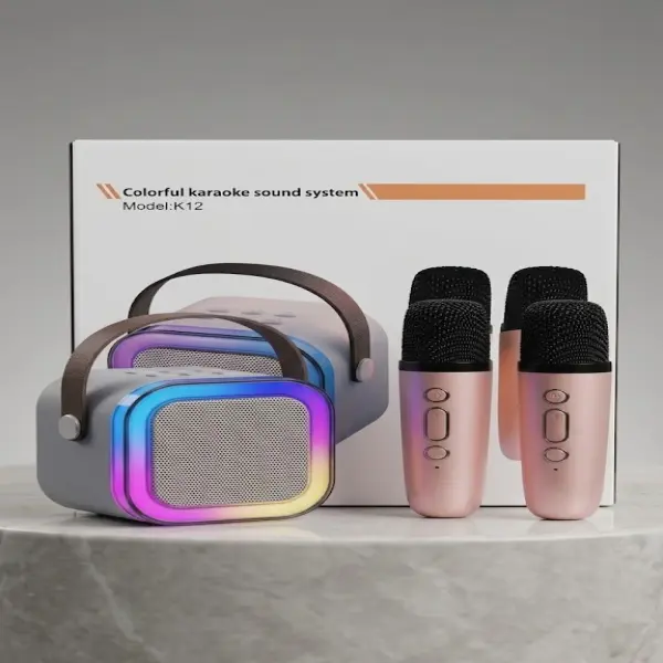 🎤👯 Karaokê K12 Portátil: 2 Microfones Sem Fio + Som Potente 🔊⚡