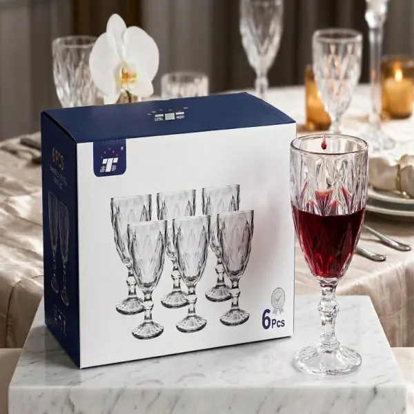🍷 Jogo de Taças Diamond • Vidro Trabalhado • 6 Peças ✨🥂