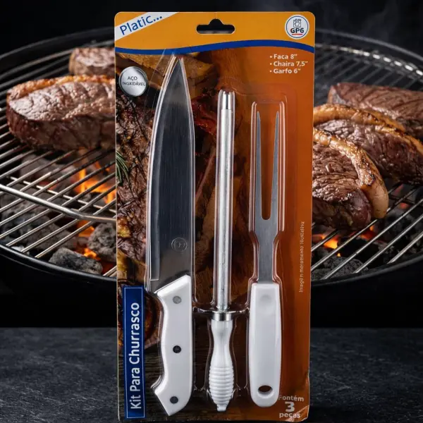 🔥🥩 Kit Completo para Churrasco – 3 Peças em Aço Inox com Faca, Chaira e Garfo